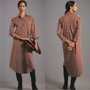 Anthropologie The Soren Long-Sleeve Shirt Dress Maeve size L Petite Orange Motif